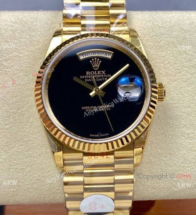 8+ Factory Rolex DayDate 36 'Gain Weight' Black Lacquer Dial Gold Case Watch